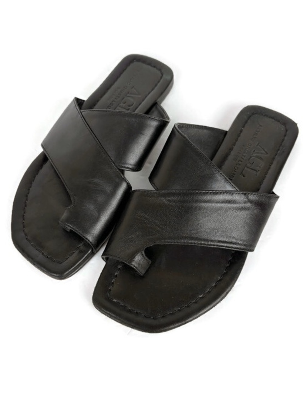 AGL Attilio Guisti Leombruni Leather Square Toe Slip On Sandals in Black